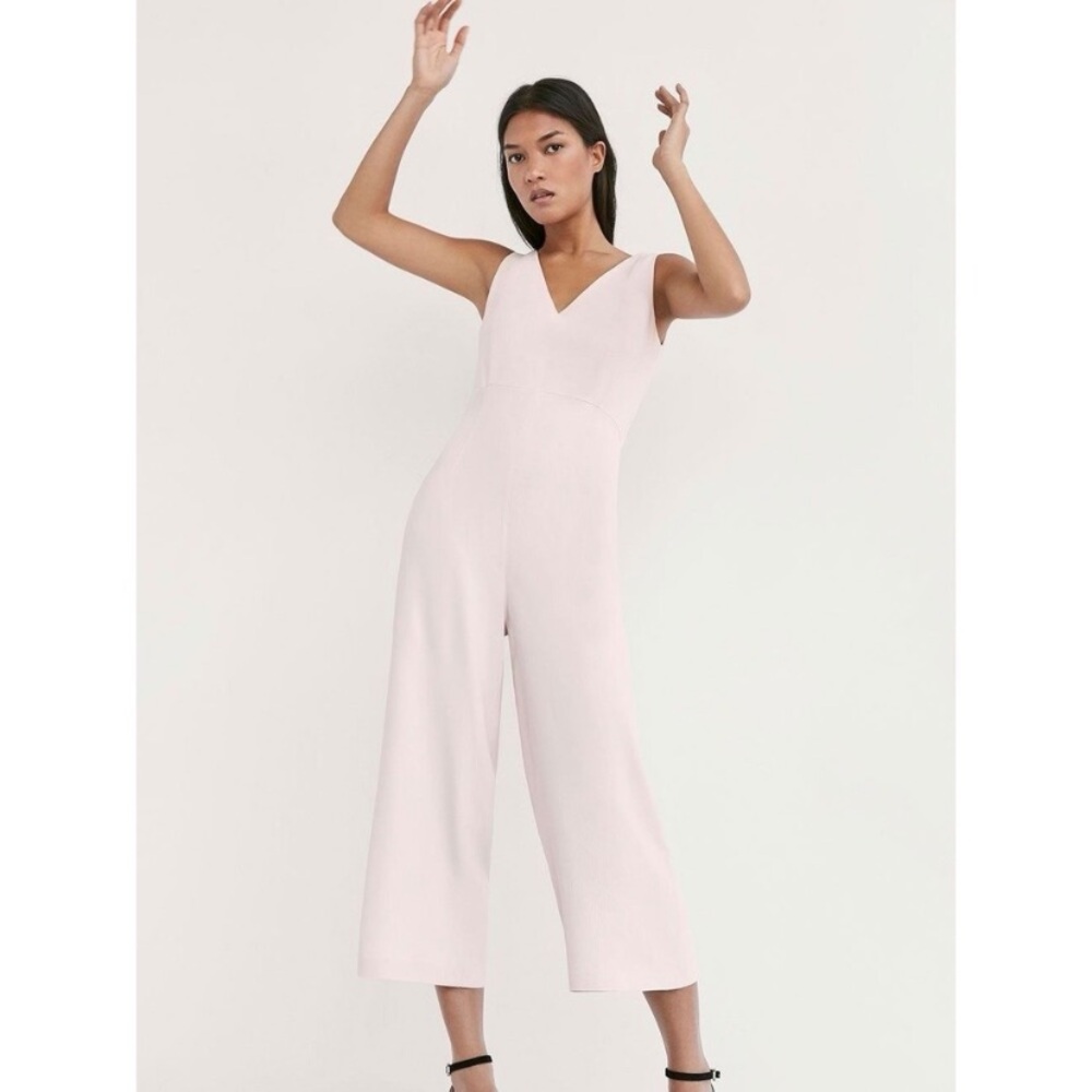 Massimo Dutti Blush Pink Textured Jumpsuit Sleeveless V-Neck Wide Leg